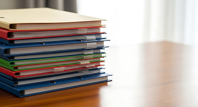 Neat stack of colorful professional office files and document folders arranged on a rustic wooden table surface with blank copy space for corporate business text advertisement.