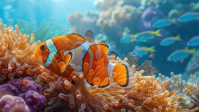 A vibrant orange and white fish swims near colorful coral and plants