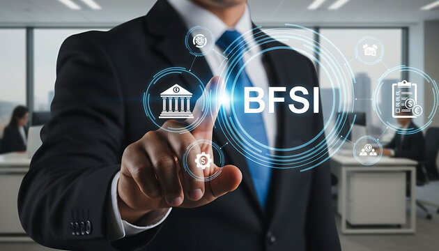 Businessman touching BFSI digital interface representing banking financial services
