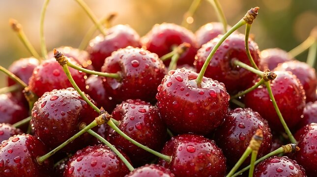 Ceri Merah Segar Berkilau dengan Tetesan Air