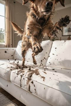 Dog jumping on muddy sofa scattering dirt across white couch in living room