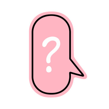 Vertical comic speech bubble vector icon. Hand drawn oval frame with a question mark. Symbol of conversation, question, thought, talk. Simple clip art, pink cartoon sketch. Cute colorful text box