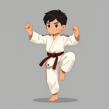 Boy in White Karate Gi with Brown Belt Striking Pose
