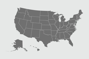 Gray map of the United States with Alaska and Hawaii inset, showing state borders on a light background in a flat top-down layout. © Umm Hamzah
