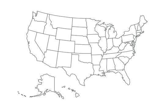 Outlined map of the United States featuring all state borders with Alaska and Hawaii inset, shown as a simple black line drawing on white.