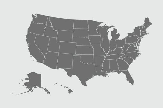 Gray map of the United States with Alaska and Hawaii inset, showing state borders on a light background in a flat top-down layout.