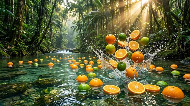 Percikan Jeruk Tropis di Sungai Hutan Hujan yang Mempesona