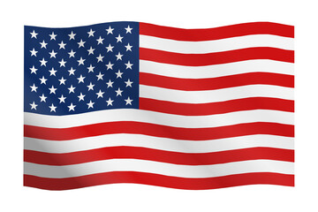 Obraz premium Waving United States flag illustration with flowing red and white stripes and white stars on blue field, set against a clean background, symbolizing patriotism and national pride.