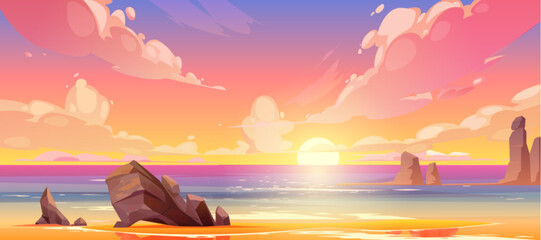 Fototapeta na wymiar Sunset sea landscape with vibrant sky and tropical beach background. Vector illustration with golden sun, ocean waves and rocks. Summer paradise scene for seasonal travel posters and flyers.