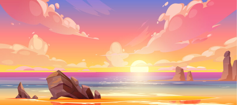 Sunset sea landscape with vibrant sky and tropical beach background. Vector illustration with golden sun, ocean waves and rocks. Summer paradise scene for seasonal travel posters and flyers.
