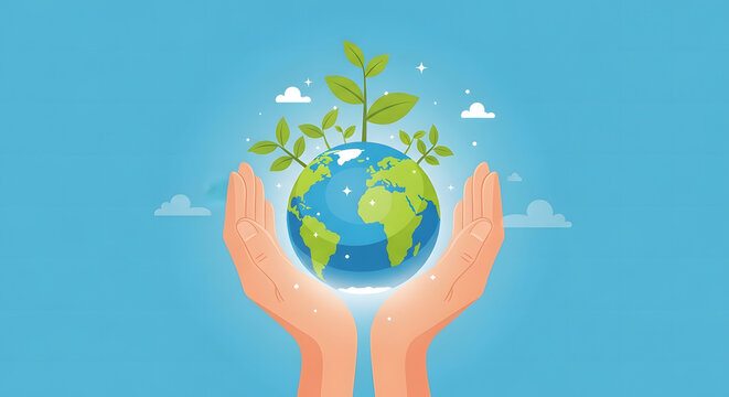 Hands holding a blue and green globe against a sky background represent a global business concept for ecology and nature protection to save the planet earth