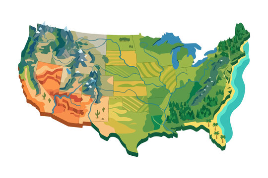Colorful illustrated map of the United States highlighting diverse geographic regions, including mountains, deserts, forests, rivers, plains, and coastal areas in a stylized flat design.