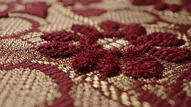 Closeup Macro Shot of Rich Burgundy and Gold Textured Fabric Pattern.