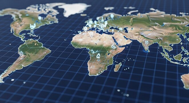 A world map displays continents and oceans on a grid background from a satellite view.