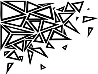 Obraz premium Abstract geometric pattern of scattered black triangles on a white background, evoking a sense of fragmentation and modern design