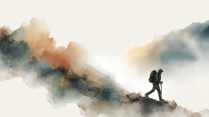 Obraz premium A lone hiker ascends a misty, rugged mountain with a walking stick, surrounded by ethereal clouds and warm, earthy tones.