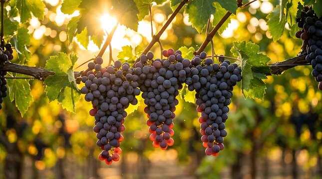 Anggur Merah Matang dengan Cahaya Keemasan Saat Matahari Terbenam di Kebun Anggur