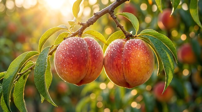 Persik Matang Segar dengan Tetesan Embun di Bawah Sinar Matahari Keemasan