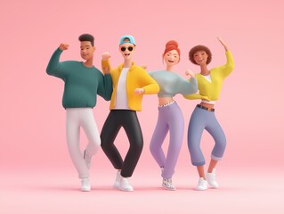 Obraz premium Diverse group of animated young people dancing together, smiling, expressing joy and freedom, feeling empowered and celebrating friendship on a pink background
