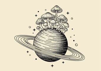 Celestial Mushroom Planet Illustration - Surreal Space Art with Saturn Rings and Magical Fungi - Vintage Stippling Style Drawing © upin