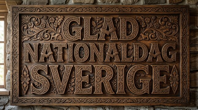 A carved wood typography where massive &ldquo;Glad Nationaldag Sverige&rdquo; letters are intricately engraved with Nordic patterns, floral motifs, and traditional ornaments