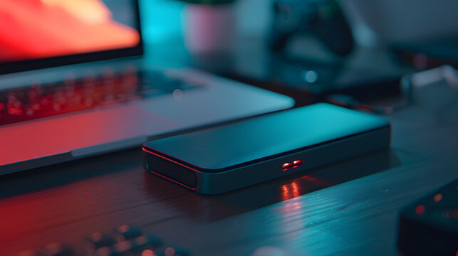 portable power bank charging next to laptop on desk