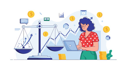 Fototapeta premium Professional woman working on a laptop with a large balance scale weighing time and money to represent financial stability and work life balance.