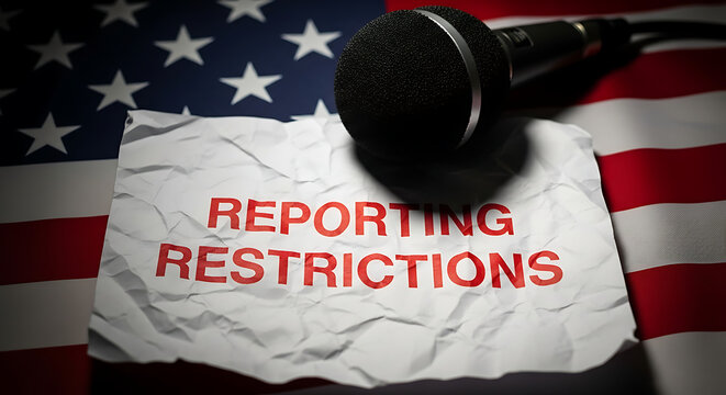 Professional broadcast microphone placed on official flag with legal document symbolizing censorship, report restriction, and american freedom.