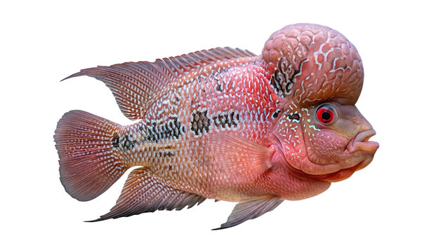 A vibrant red devil cichlid fish portrait on transparent background