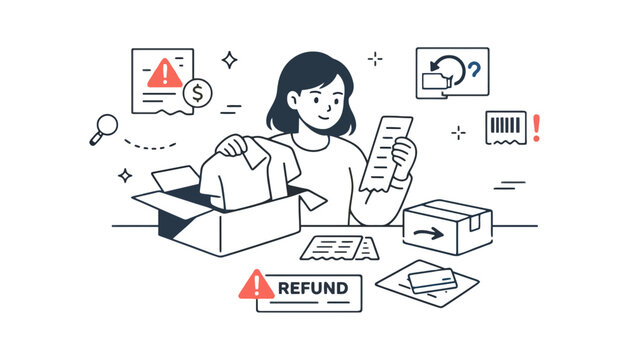 A woman returns an item for a refund with a concerned expression