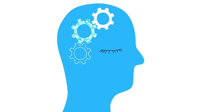 2D animation of blue human profile with interlocking gears where one gear is filled with chaotic scribble. Represents mental block, logical process, cognitive confusion or system error in mind.