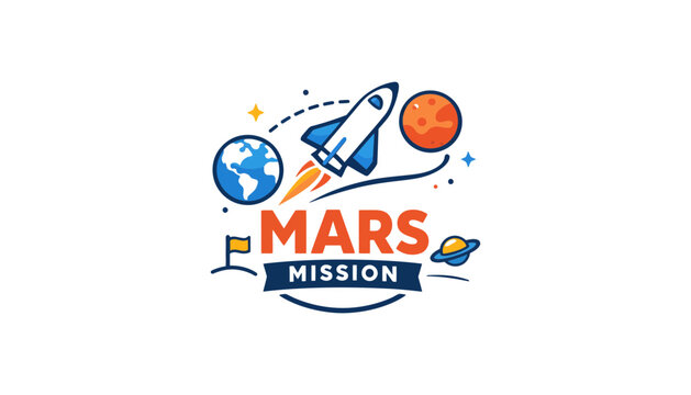 Mars mission logo with a rocket and planets in space