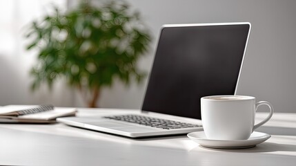 Fototapeta premium Modern Home Office Setup with Minimalist White Desk and Tech Gadgets