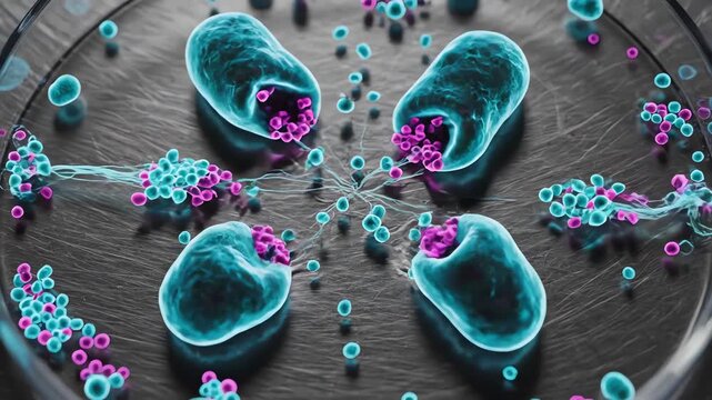 3D animation: Microscopic cells interact, breaking down and releasing particles