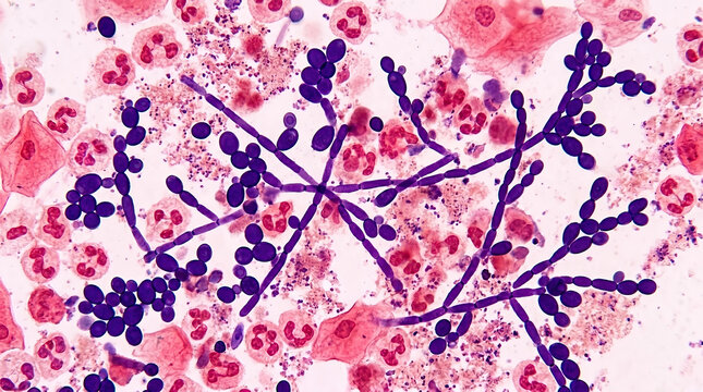 Gram Stain Microscopy of Candida Albicans Budding Yeast and Pseudohyphae