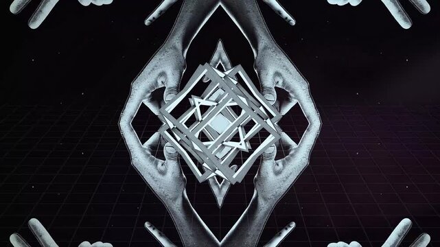 An esoteric themed kaleidoscopic abstract background featuring posed spinning hands in a looping pattern with pulsing and morphic geometric shapes.
