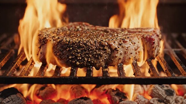 Juicy steak sizzling on a hot grill with flames licking the meat