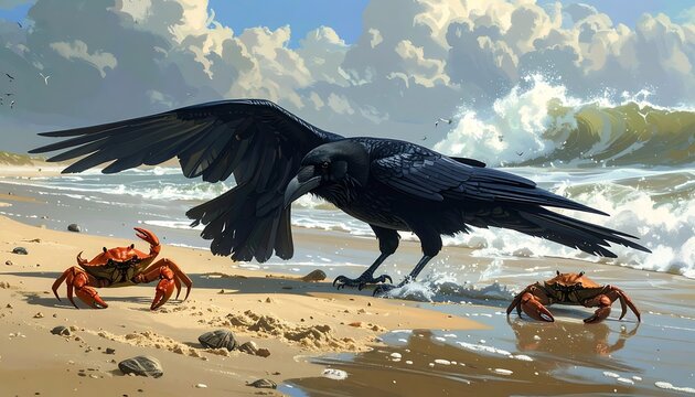 Coastal scene Raven stands near two crabs on a sandy beach with rolling waves and cloudy sky