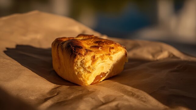 Detailed macro view of a golden brown buttery Danish pastry with fruit filling rests on brown paper