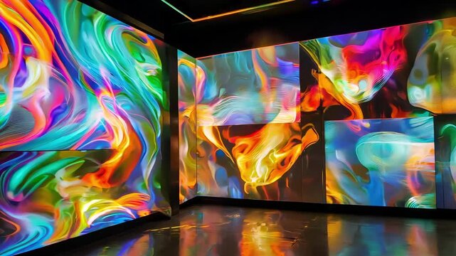 Abstract colorful patterns and shapes are showcased in an art installation with projected visuals in a modern gallery setting