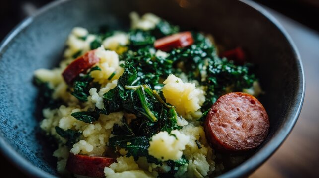 Hearty Dutch Stamppot with Mashed Potatoes, Kale, and Sausage