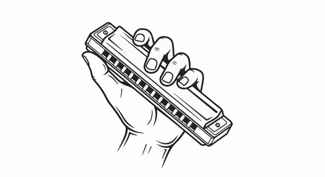 Hand holding a harmonica, black and white line drawing