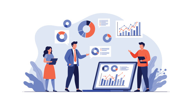 Team of diverse business professionals analyzing complex financial data and growth charts on a large digital screen together.