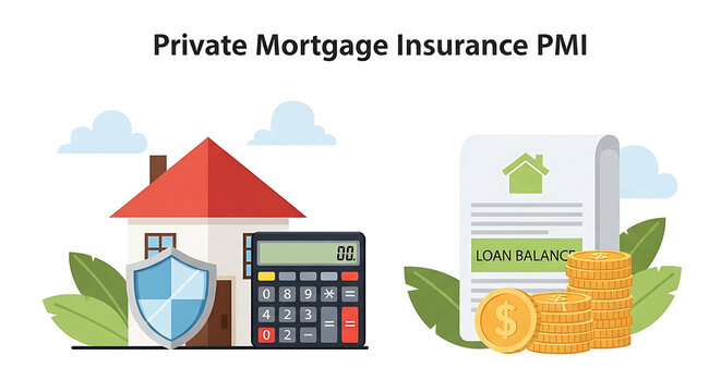 Detailed Private Mortgage Insurance PMI financial concept visualization with a residential house graphic, protective safety shield, electronic calculator, and mortgage loan balance paperwork.