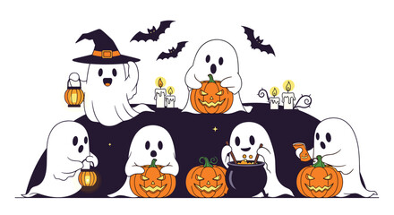 Fototapeta premium Scene of friendly ghosts wearing purple witch hats and gathering around glowing jack-o-lantern pumpkins for Halloween fun.