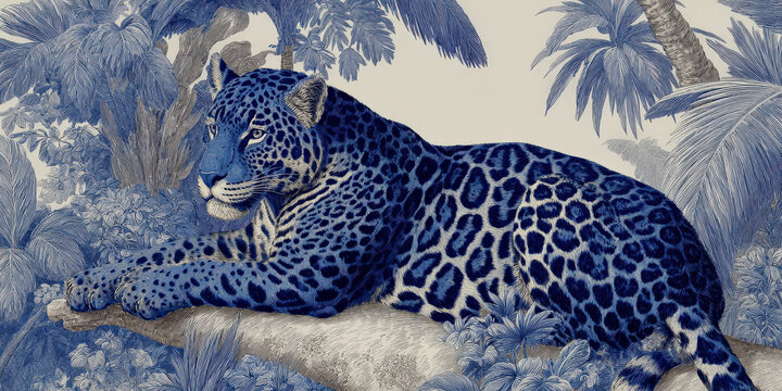 Elegant Blue Leopard Resting on a Tree Branch in Lush Tropical Forest Illustration