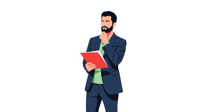 Serious businessman in a stylish suit holding a red document folder and thinking deeply about a complex corporate problem.