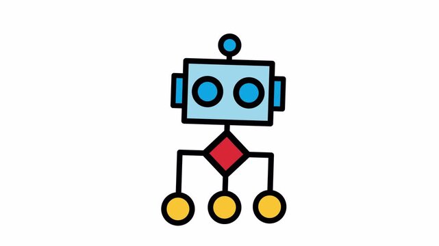 A simple, colorful cartoon illustration of a robot with a square head, circular eyes, and a flowchart-like body structure with three yellow output nodes.