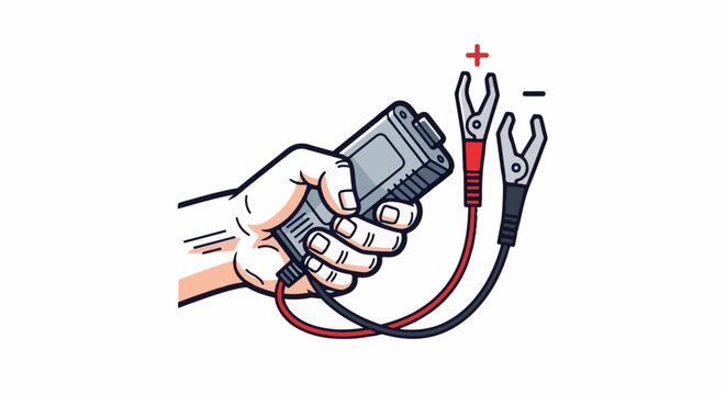 Hand holds a battery tester with positive and negative clips connected