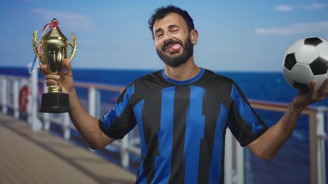 Man holding trophy and soccer ball, smiling and shrugging with raised arms, wearing blue striped jersey in studio set with pier backdrop; playful pride.